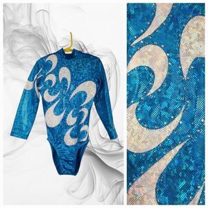 Girls NEW CLA Gymnastics Leotard Long Sleeve Bedazzled Turquoise Silver Foil Leo